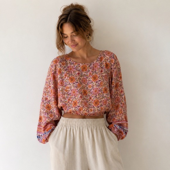 Rachel Zoe Tops - Rachel Zoe Womens Medium Crop Top Floral Linen Blend Long Sleeve Boho Blouse NEW
